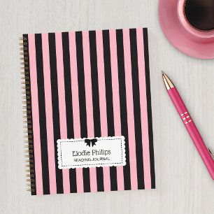 Chic Pink Black Stripes Scalloped Edges & Bow Notebook