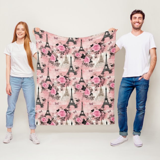 Chic Pink Black & White Eiffel Tower Paris French Fleece Blanket (In Situ)