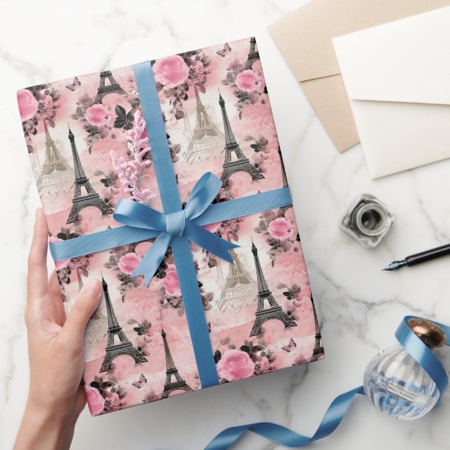 Chic Pink Black & White Eiffel Tower Paris French Wrapping Paper (Gifting)