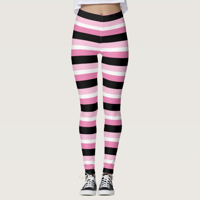 Chic Pink, Black & White Stripes  Leggings (Front)