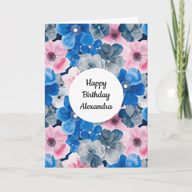 Chic Pink Blue Floral Birthday Card (Front)