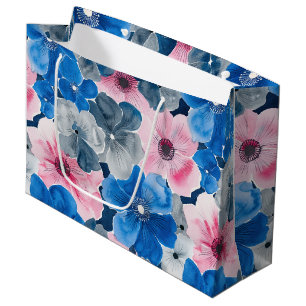 Chic Pink Blue Floral Birthday Large Gift Bag