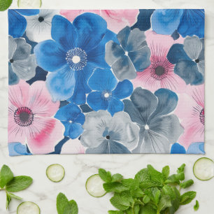 Chic Pink Blue Floral Bridal Shower Kitchen Towel