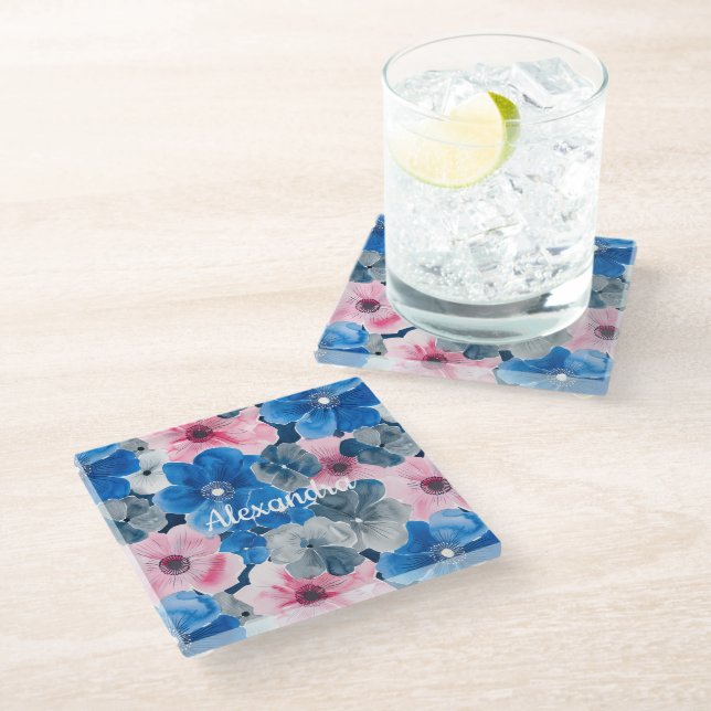 Chic Pink Blue Floral  Glass Coaster (Angled)