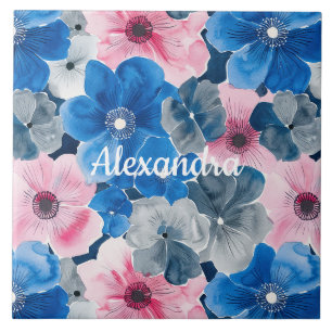 Chic Pink Blue Floral Tile