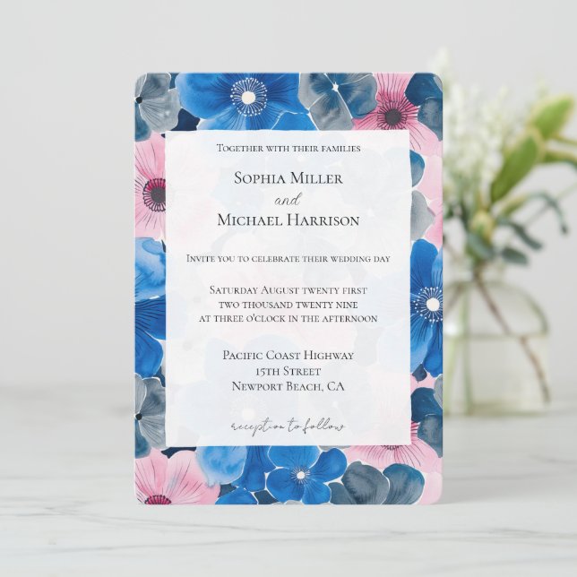 Chic Pink Blue Floral Wedding Invitation (Standing Front)