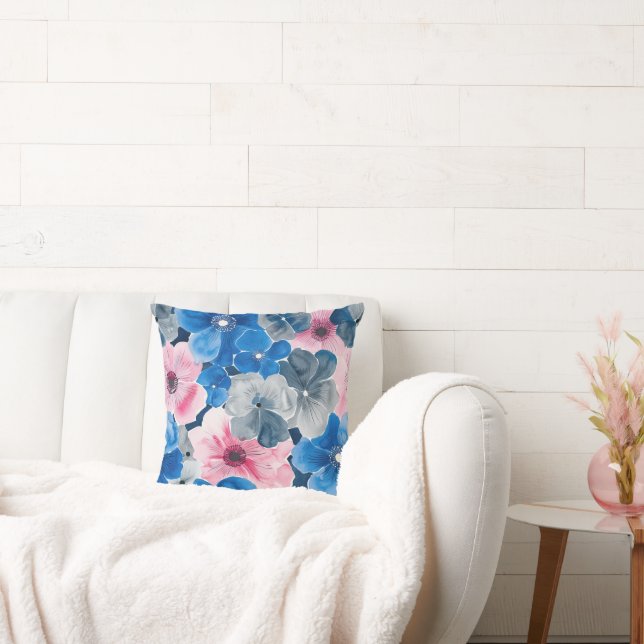 Chic Pink Blue Flowers Throw Pillow (Couch)