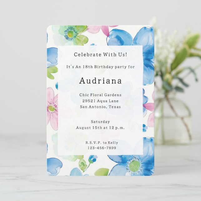 Chic Pink Blue Green Floral Birthday Invitation (Standing Front)