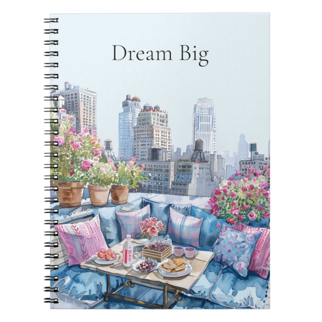 Chic Pink Blue Summer City View Notebook (Front)