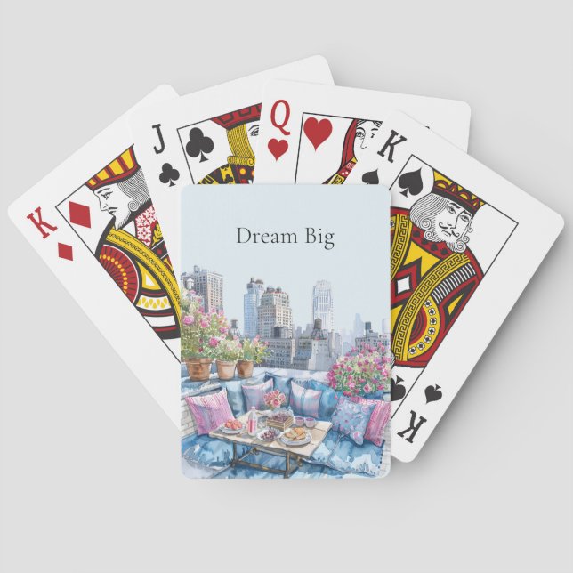 Chic Pink Blue Summer City View Playing Cards (Back)