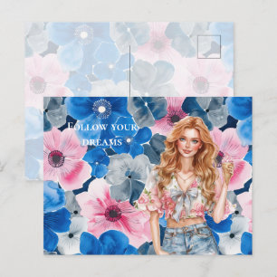 Chic Pink Blue Summer Floral Red Hair Girl Postcard
