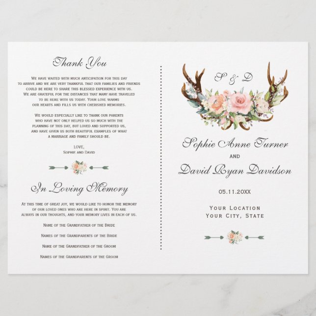 Chic Pink Blush Floral Antlers Wedding Program (Front)