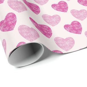 Chic Pink Blush Floral Doodle Patterned Hearts Wrapping Paper