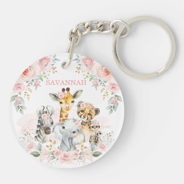 Chic Pink Blush Floral Jungle Safari Baby Animals  Keychain (Back)