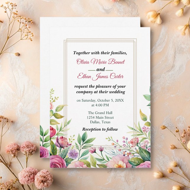 Chic Pink Blush Floral Purple Watercolor Wedding  Invitation (Creator Uploaded)