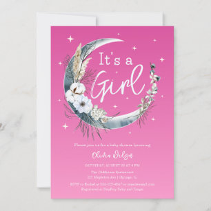 Chic Pink Boho Pampas Grass Moon Baby Shower Invitation