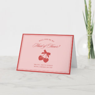 Chic Pink Bow & Cherry Maid of Honour Proposal Car Thank You Card