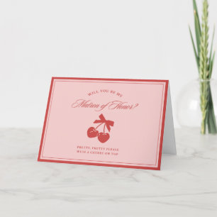Chic Pink Bow Cherry Matron of Honor Proposal Card