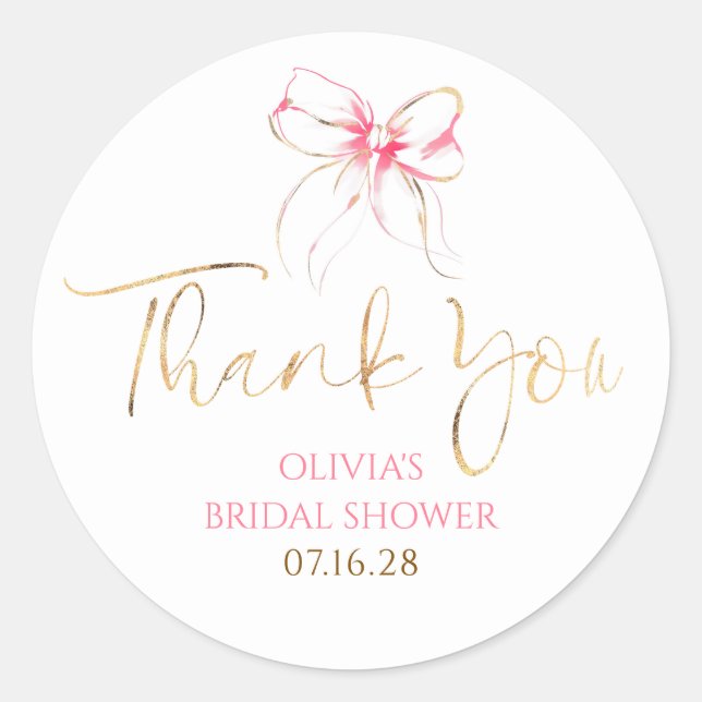 Chic Pink Bow Favors Bridal Shower Thank You  Classic Round Sticker (Front)