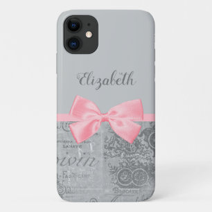 Chic Pink Bow Girly Parisian Ephemera and Name iPhone 11 Case