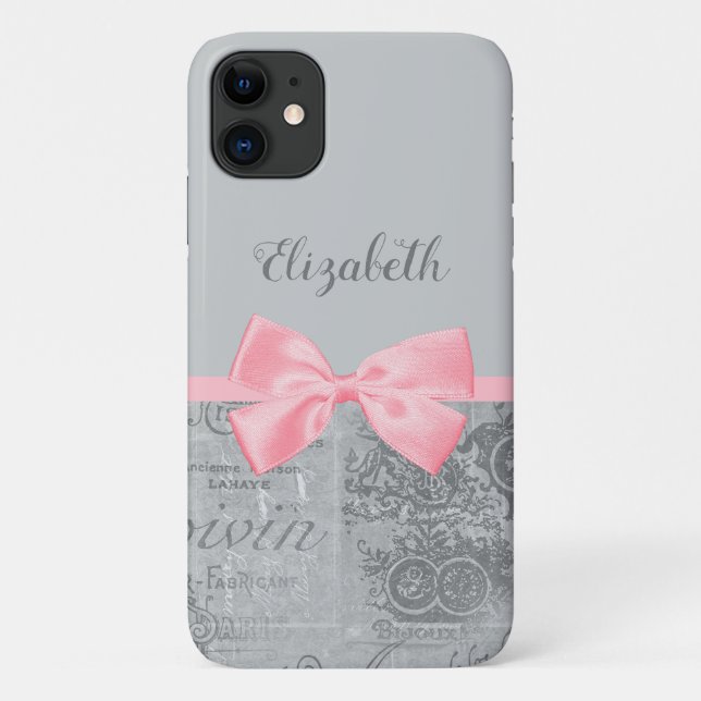 Chic Pink Bow Girly Parisian Ephemera and Name Case-Mate iPhone Case (Back)