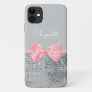Chic Pink Bow Girly Parisian Ephemera and Name iPhone 11 Case