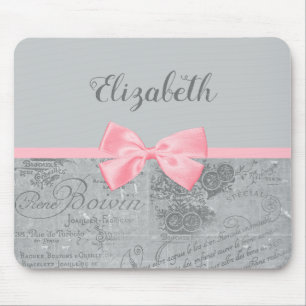 Chic Pink Bow Girly Parisian Ephemera and Name Mouse Pad