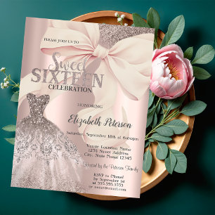 Chic Pink Bow Glitter Dress Rose Gold Sweet 16 Invitation