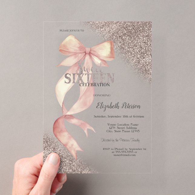 Chic Pink Bow Glitter Rose Gold Sweet 16  Acrylic Invitations (Insitu (Handheld))