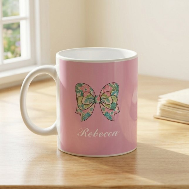 Chic Pink Bow Personalized Name Two-Tone Mug  (Créateur téléchargé)