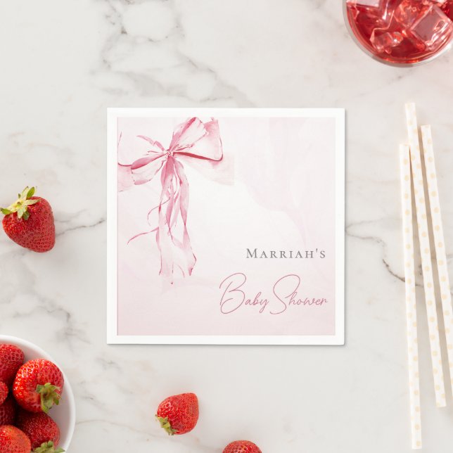 Chic Pink Bow Watercolor Girl Baby Shower Napkin (Insitu)