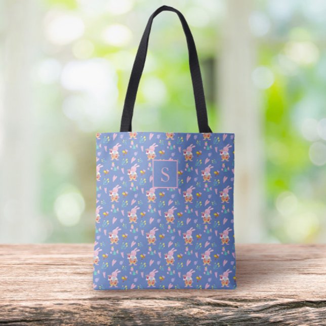 Chic Pink Bunny Floral Pattern Blue Monogram Tote Bag (Creator Uploaded)