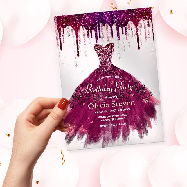 Chic pink burgundy gown glitter drips birthday  acrylic invitations (Creator Uploaded)