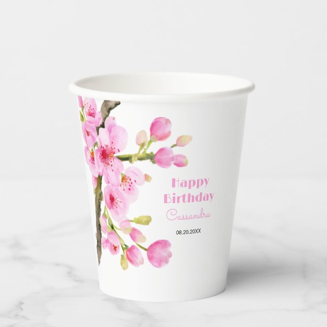 Chic Pink Cherry Blossom Sakura Floral Birthday Paper Cups (Front)