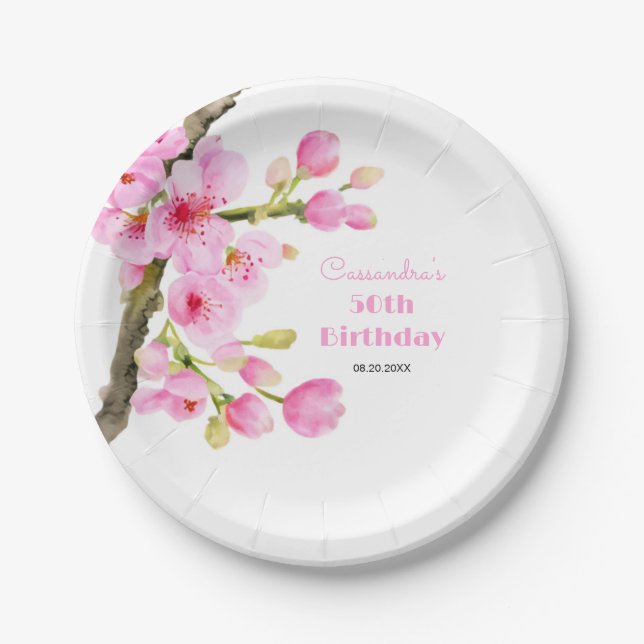 Chic Pink Cherry Blossom Sakura Floral Birthday Paper Plate (Front)