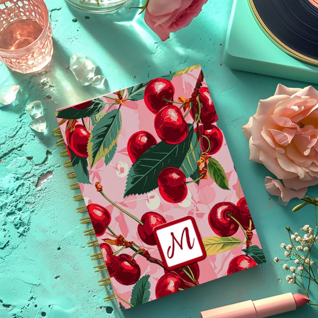 Chic Pink Cherry Retro Spiral Notebook (Chic Cherry Bomb Notebook )