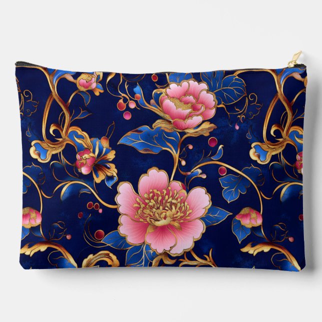 Chic pink cobalt blue floral pattern  accessory pouch (Back)