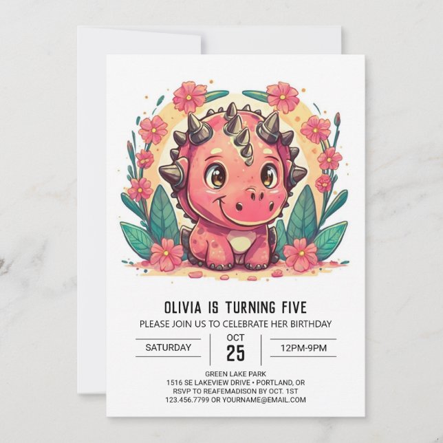 Chic Pink Custom Dinosaur Girl Birthday Invitation (Front)