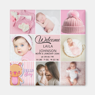 Chic Pink Custom name and baby girl photo collage Magnet