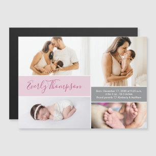 Chic Pink Custom name and baby girl photo collage  Magnetic Invitation