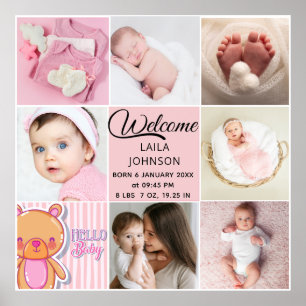 Chic Pink Custom name and baby girl photo collage Poster