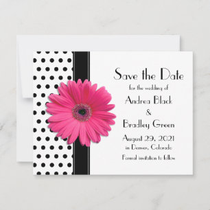 Chic Pink Daisy Flower Black and White Polka Dot Save The Date