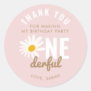 Chic Pink Daisy Flower ONEderful Birthday Favour Classic Round Sticker