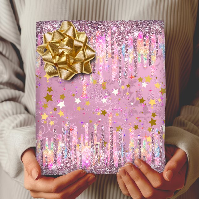 Chic pink damask dripping unicorn glitter wrapping paper (Creator Uploaded)