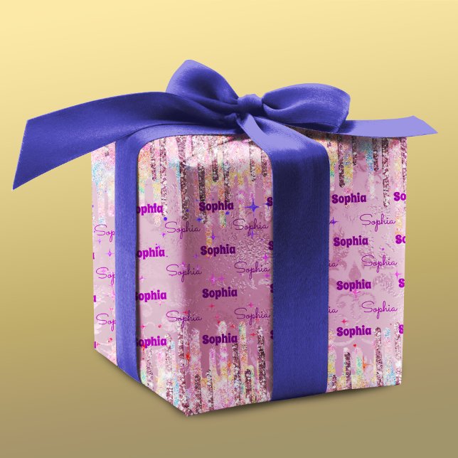 Chic pink damask dripping unicorn glitter wrapping paper sheet (Creator Uploaded)