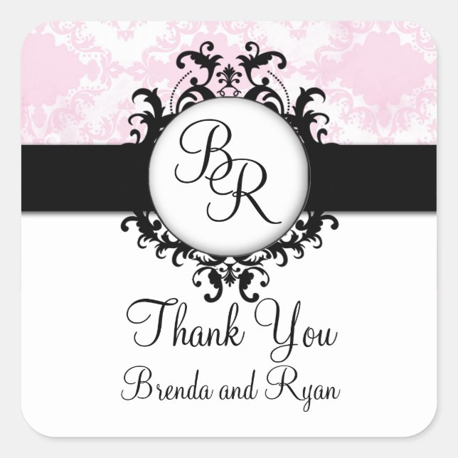 Chic Pink Damask Initial Thank You Wedding Sticker (Front)