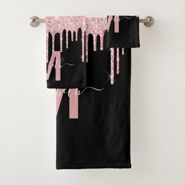 Chic Pink Dripping Glitter Monogram Name Bath Towel Set (Insitu)