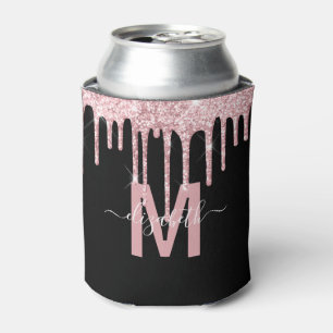 Chic Pink Dripping Glitter Monogram Name Can Cooler