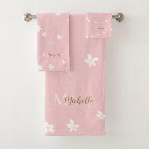 Chic Pink Farmhouse Sweet Daisies Girly Monogram Bath Towel Set