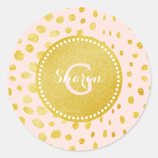 Chic pink faux gold glitter cheetah print monogram classic round sticker (Front)